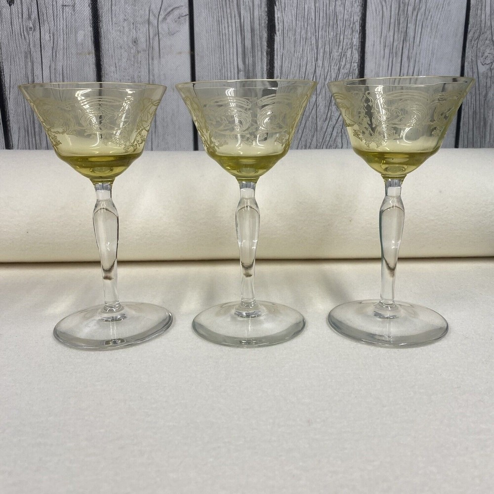 Set of 3 Champagne Tall Sherbet Liquor Glasses Yellow & Clear - As Is